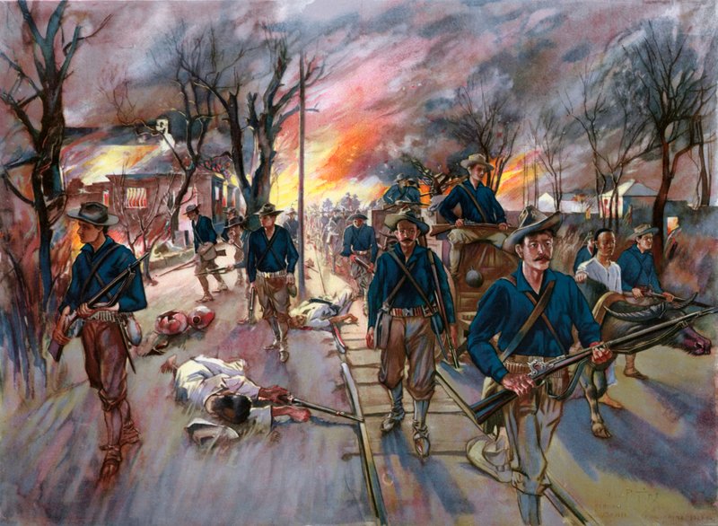 The Ammunition-Train and Reserves of the Twentieth Kansas Volunteers, Colonel Frederick Funston, Marching through Caloocan at Night after the Battle of February 10 by G. W. Peters