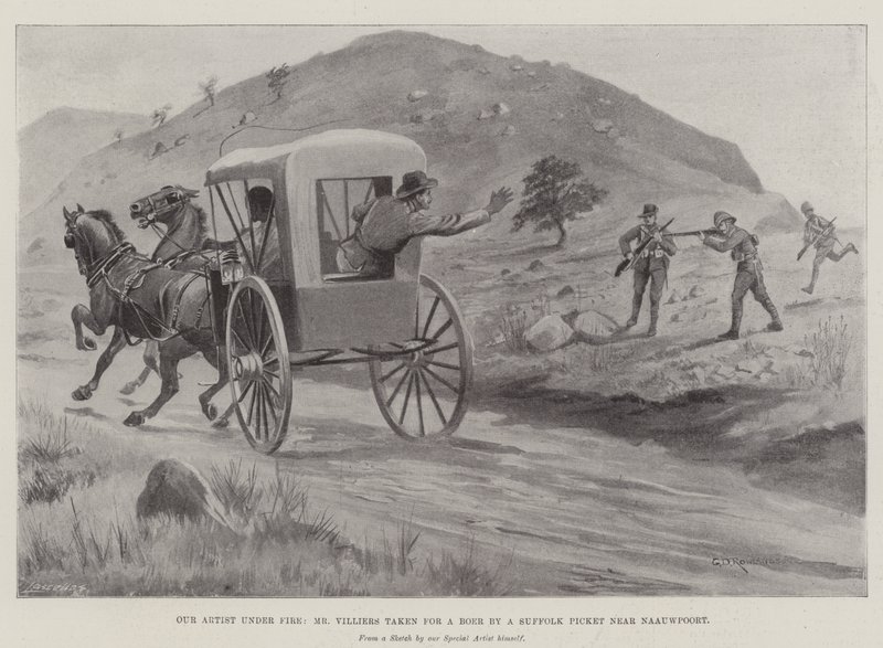 Our Artist under Fire, Mr Villiers taken for a Boar by a Suffolk Picket near Naauwpoort by George Derville Rowlandson