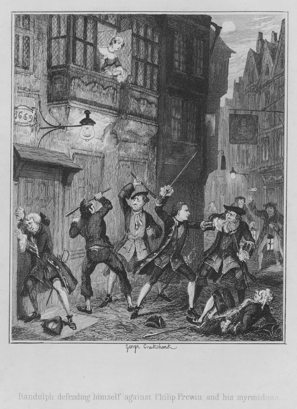 Randulph Defending Himself Against Philip Frewin and His Myrmidons by George (after) Cruikshank