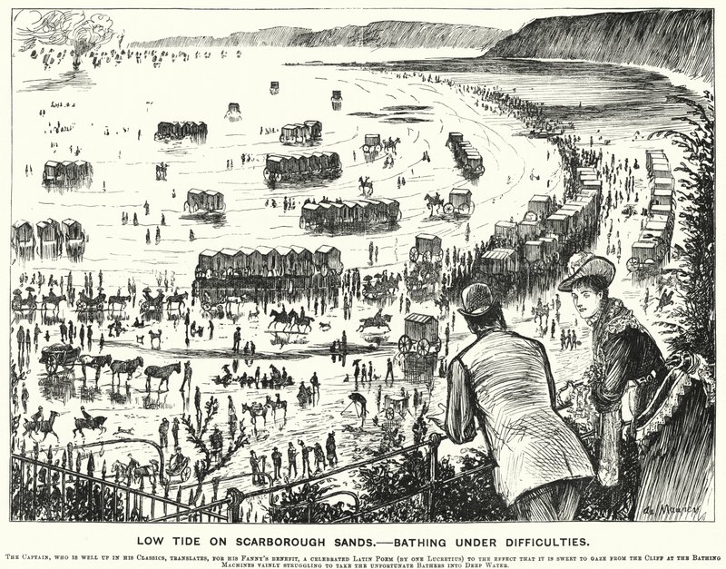 Punch Cartoon: Low Tide on Scarborough Sands - Bathing under Difficulties by George (after) Du Maurier