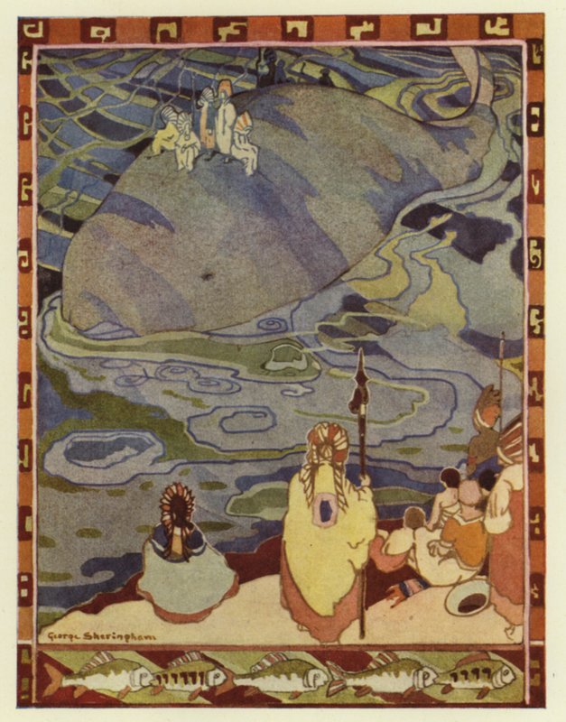 Glooskap gathered his people on the shore and bade the whales carry them to their old home by George Sheringham