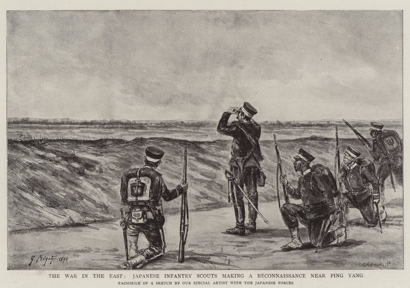 The War in the East, Japanese Infantry Scouts making a Reconnaissance near Ping Yang by Georges Ferdinand Bigot