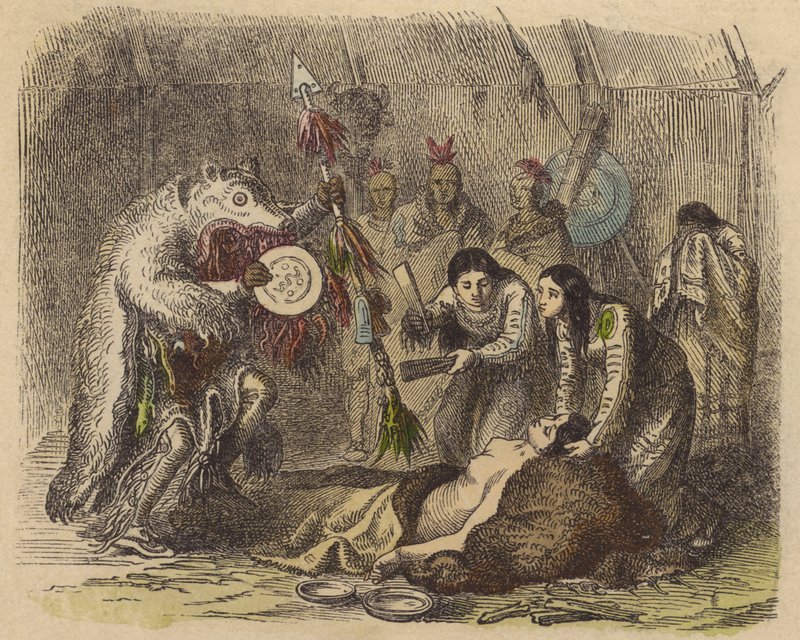 A Native American Medicine Man Reciting an Incantation to Cure Sickness (Coloured Engraving) by German School