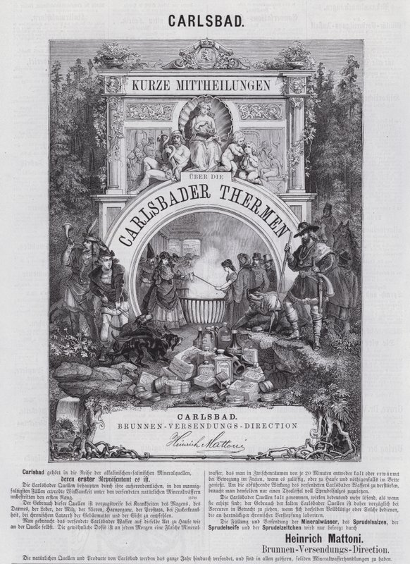 Advertisement for Mattoni mineral water and other products from the spa at Carlsbad (Karlovy Vary), Bohemia by German School