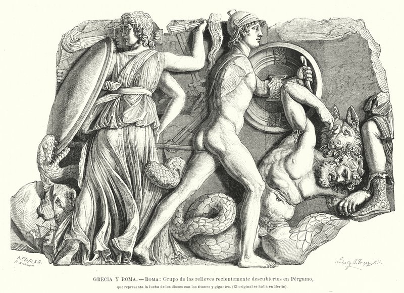 Battle between the Gods and Titans and Giants, Ancient Greek Relief from Pergamon by German School