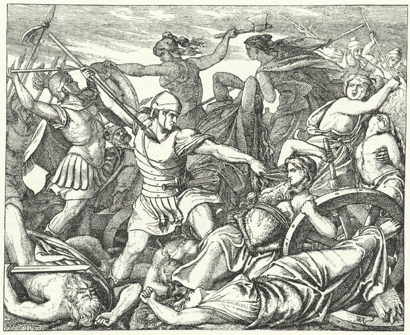 Cimbrian Women Defending Their Baggage Train Against Attacking Roman Soldiers, Late 2nd Century AD (engraving) by German School