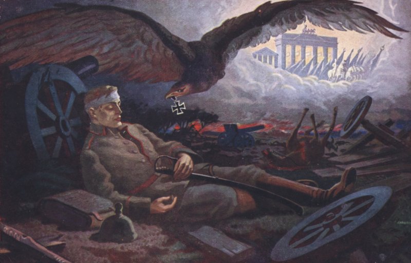Eagle delivering the Iron Cross to a fallen German soldier on the battlefield by German School