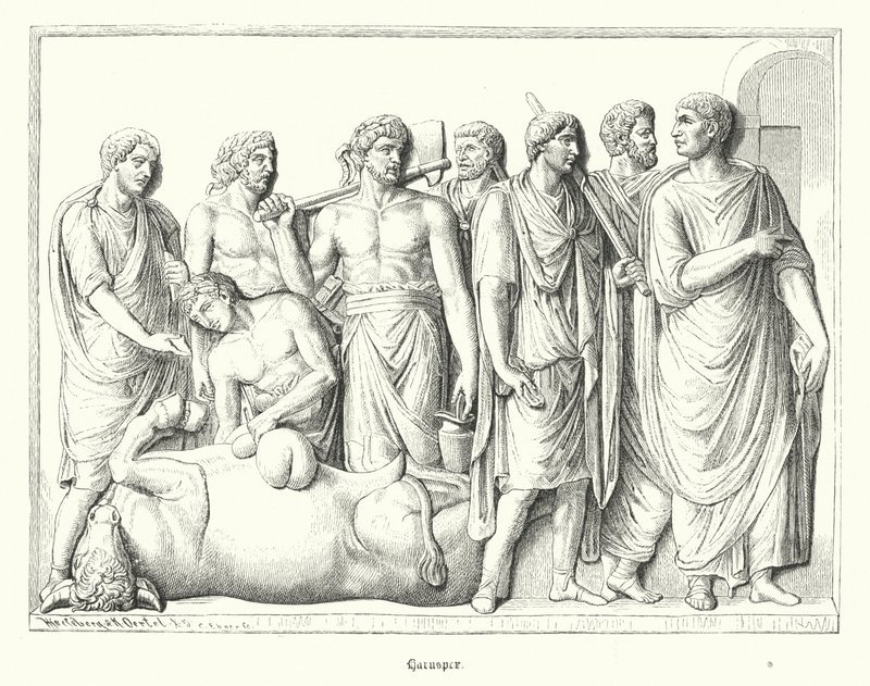 Haruspex studying the entrails of a animal sacrificed in ancient Rome by German School