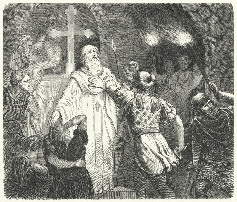 Interruption of a Christian service in the Roman catacombs by German School