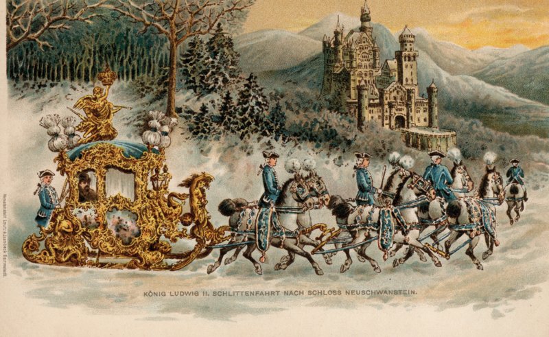 King Ludwig II of Bavaria Travelling to Neuschwanstein Castle in a Golden Sleigh by German School