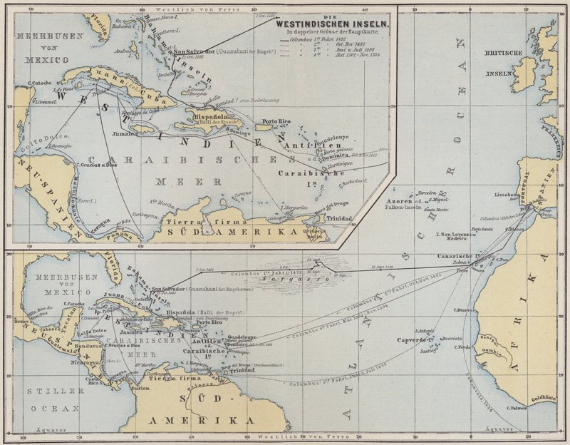 Map Showing the Voyages of Christopher Columbus, 1492-1504 by German School
