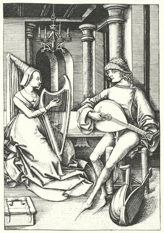 Musicians Playing the Lute and the Harp in a Country House in the 15th Century (engraving) by German School