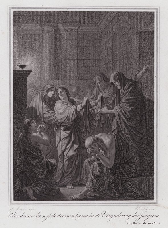 Nicodemus Brings the Crown of Thorns into the Assembly of Young People (engraving) by German School
