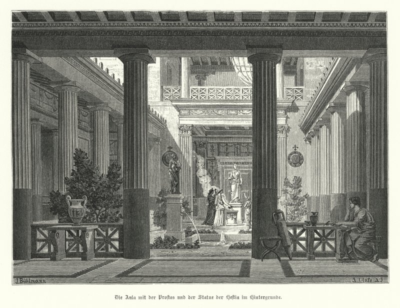 Open Court of an Ancient Greek House, with a Statue of the Goddess Hestia in the Background by German School