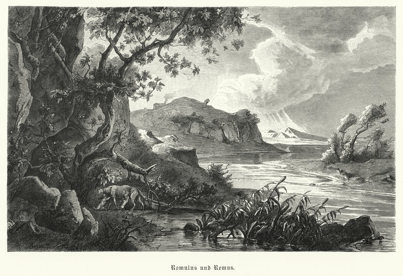Romulus and Remus, legendary founders of ancient Rome, being suckled by the she-wolf in the wilderness by German School