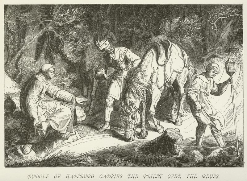 Rudolf of Hapsburg Carries the Priest over the Reuss by German School