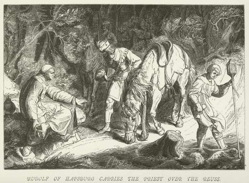 Rudolf of Hapsburg Carries the Priest over the Reuss by German School