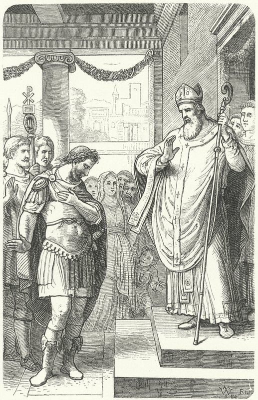 St Ambrose barring the Roman Emperor Theodosius I from entering Milan Cathedral as punishment for the Massacre of Thessalonica, 390 (engraving) by German School
