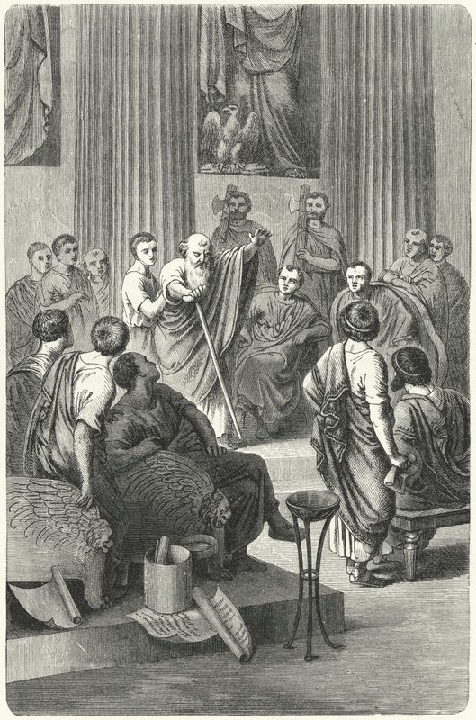 The blind Appius Claudius Caecus speaking in the Roman Senate against Cineas, the ambassador of Pyrrhus of Epiris, 279 BC by German School