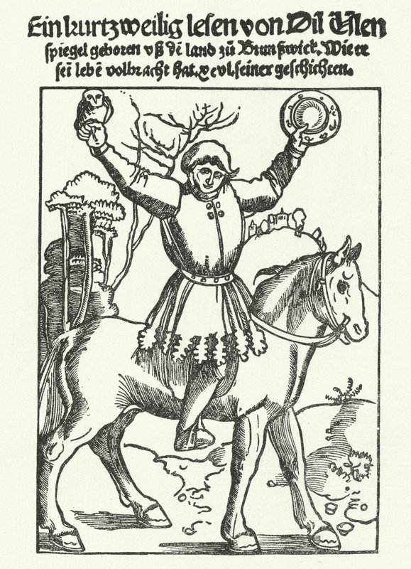 Till Eulenspiegel depicted with owl and mirror by German School
