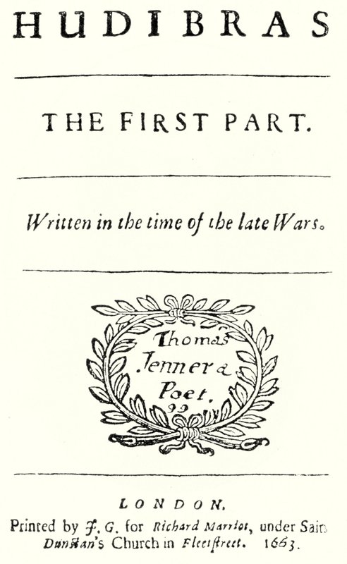 Title page from the satirical poem Hudibras by Samuel Butler, published in 1663 by German School
