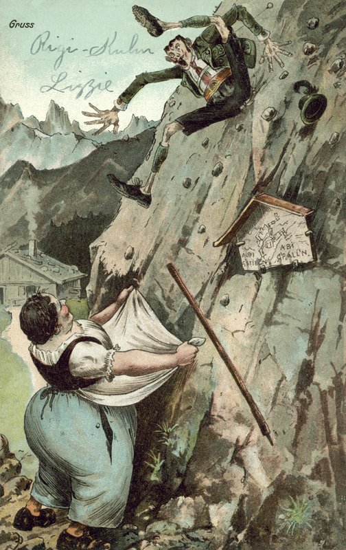Woman catching man falling from mountain by German School