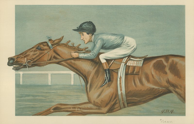 Tod Sloan, An American jockey, 25 May 1899, Vanity Fair cartoon by Godfrey Douglas Giles