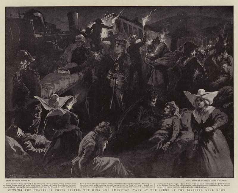 Winning the Hearts of Their People, the King and Queen of Italy at the Scene of the Disaster Near Rome by Gordon Frederick Browne