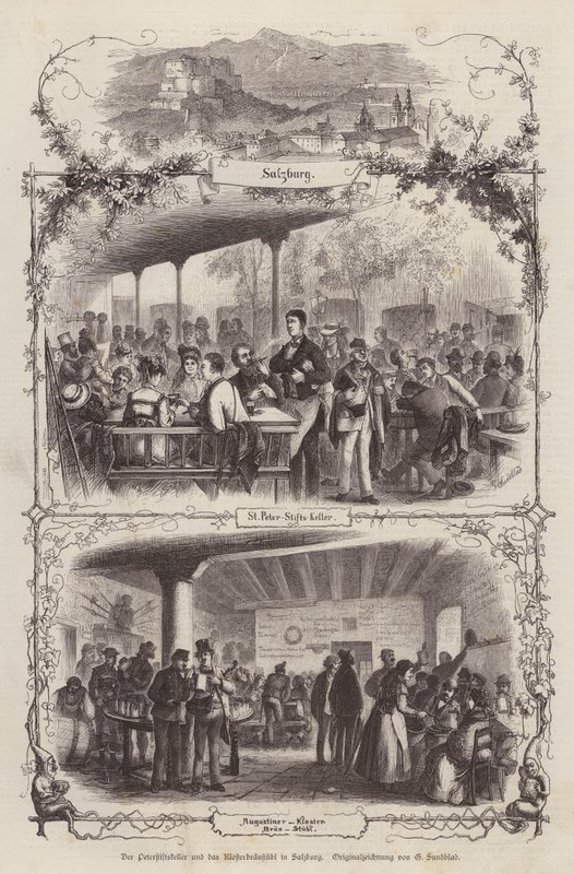 Peterstiftkeller and Klosterbraustubl, beer halls in Salzburg, Austria by Gustav (after) Sundblad