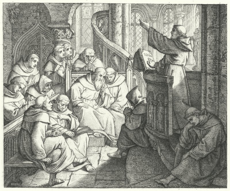 Martin Luther preaches to Johann von Staupitz and the other monks at the monastery by Gustav Ferdinand Leopold Konig