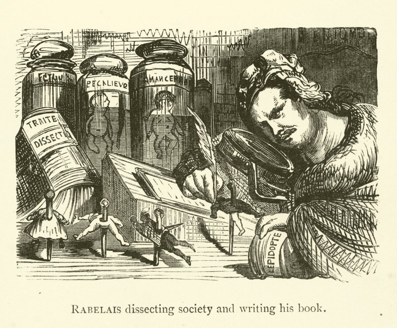 Rabelais Dissecting Society and Writing His Book by Gustave after Dore