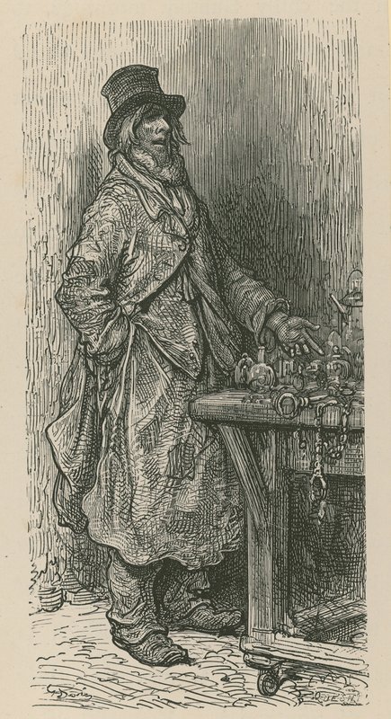 A man stands selling his wares from a market stall by Gustave Dore