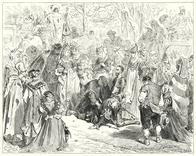 Don Quixote: "The poor virgin, trembling and dismayed without speaking a word, came to poor Basil" (engraving) by Gustave Dore