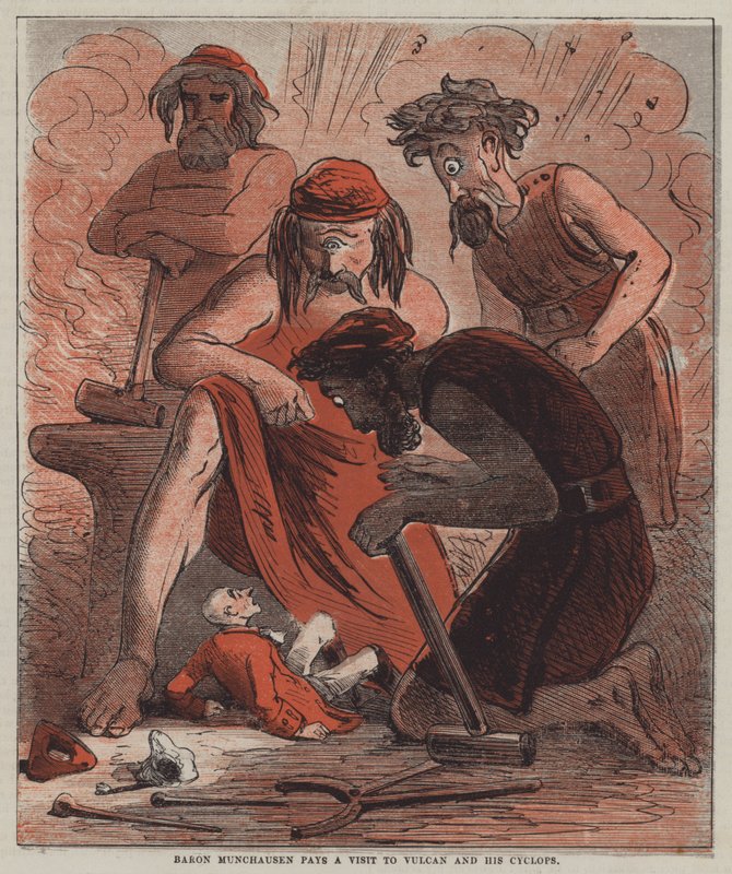 Baron Munchausen pays a visit to Vulcan and his Cyclops by after Hablot Knight Browne