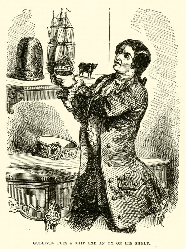 Gulliver puts a ship and an ox on his shelf (engraving) by after Hablot Knight Browne
