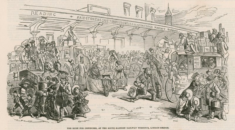 The Great Cab Strike: The Rush for Omnibuses, at the South-Eastern Railway Terminus, London Bridge by Hablot Knight Browne