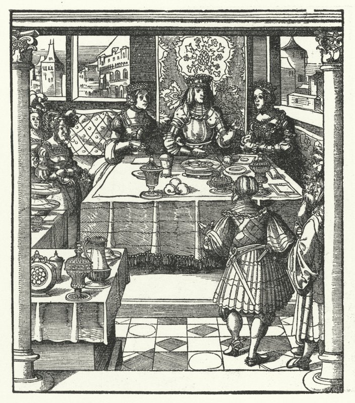 Archduke Maximilian of Austria visiting his future wife, Mary of Burgundy, and her mother, Isabella of Bourbon by Hans (after) Burgkmair