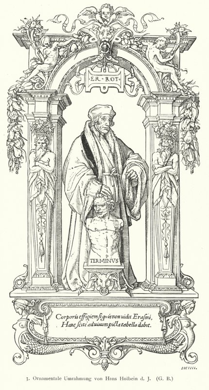 Portrait of Dutch Renaissance Humanist scholar Desiderius Erasmus with ornamental frame by Hans (after) Holbein the Younger