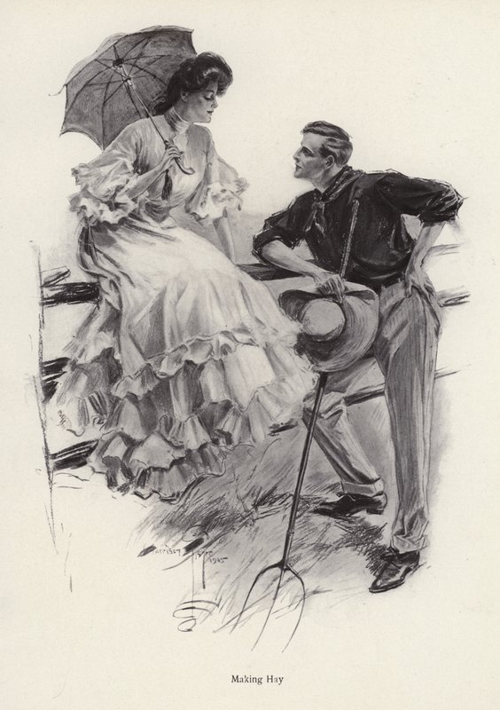 A farmer pauses in his work to flirt with a young woman by Harrison Fisher