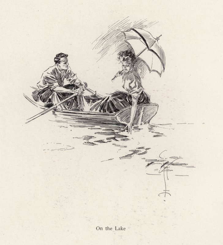Man and Woman in a Rowing Boat on the Lake by Harrison Fisher