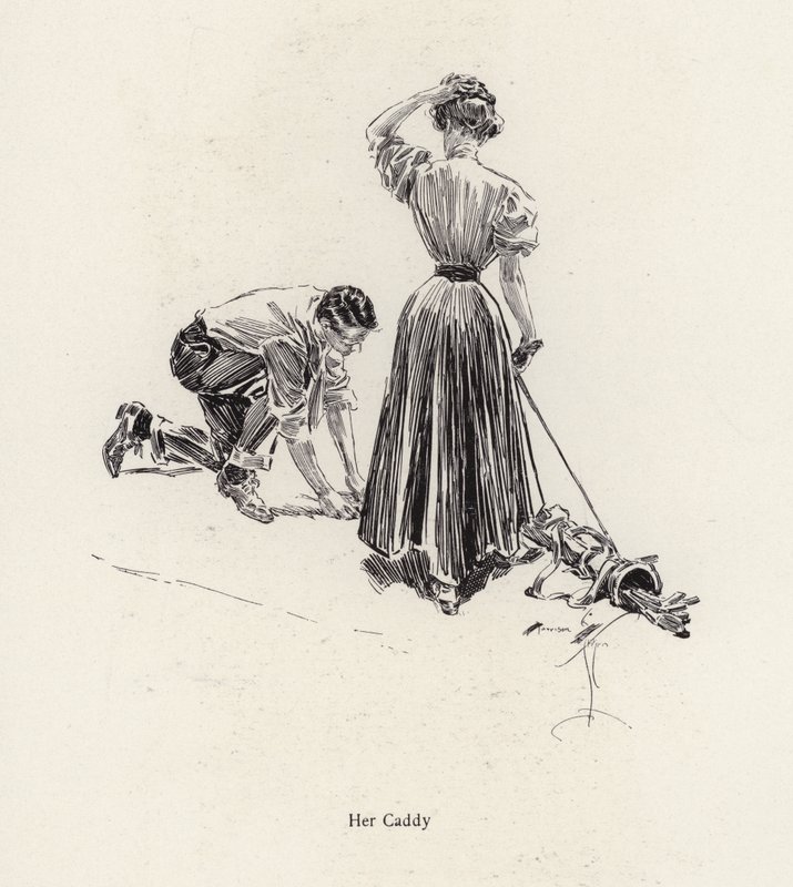 Man caddying for a woman on the golf course by Harrison Fisher