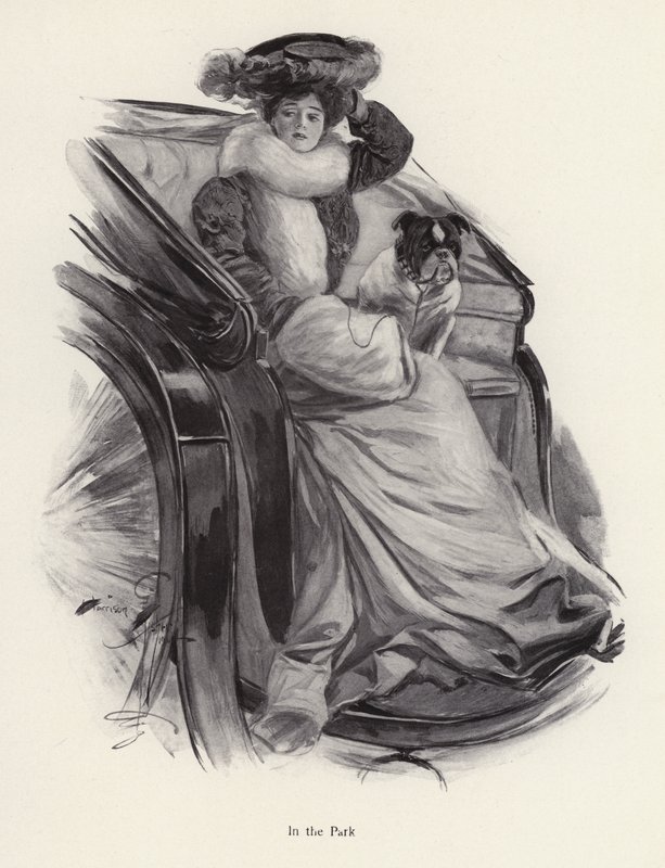 Woman sitting in a carriage with her dog by Harrison Fisher
