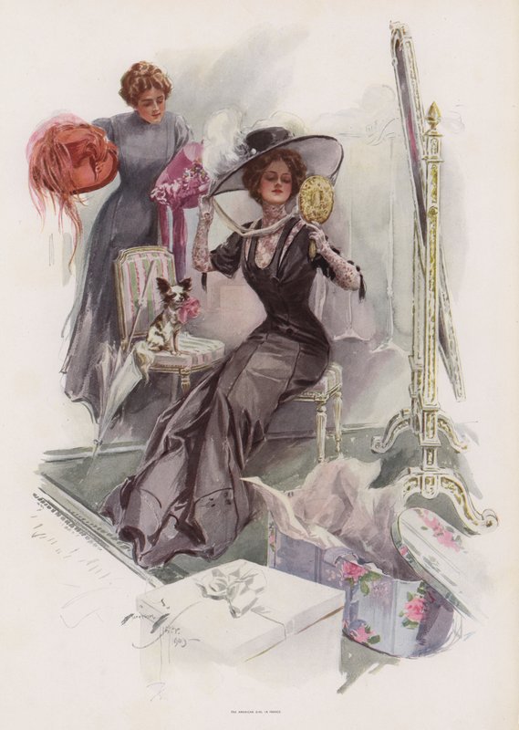 Young American Woman Trying on Hats at a French Milliners by Harrison Fisher