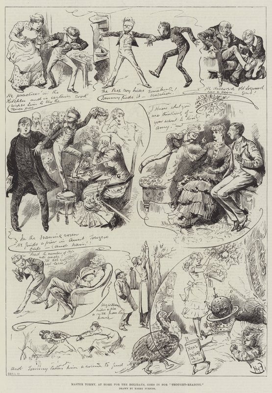Master Tommy, at Home for the Holidays, goes in for Thought-Reading by Harry Furniss