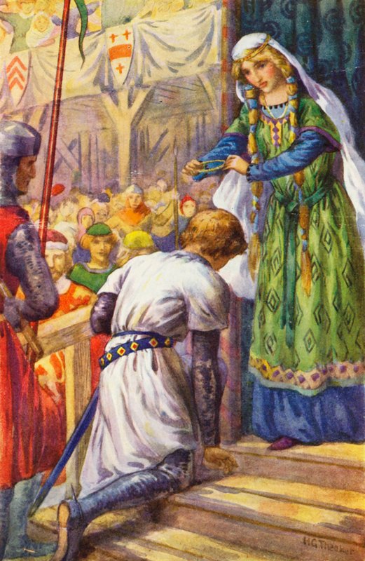 I bestow on thee this chaplet, Sir Knight by Harry George Theaker