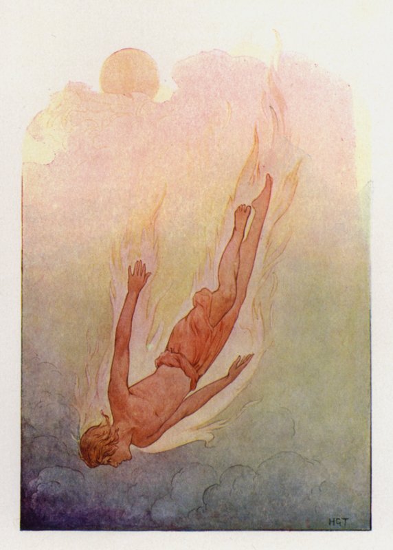 Phaeton with his hair in flames, falling into a deep cool river by Harry George Theaker