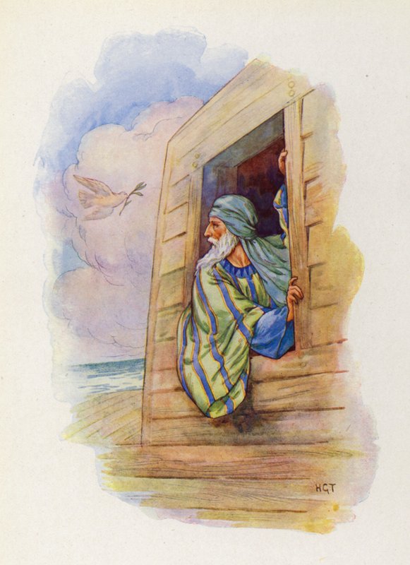 The dove came back bearing an olive leaf in her beak by Harry George Theaker