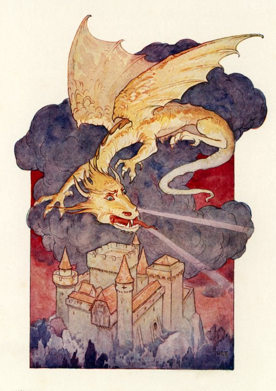 The dragon spread out those wings and hung, poised, above the castle by Harry George Theaker