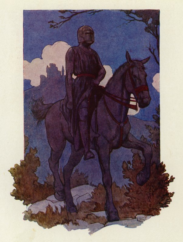 The strange knight came toward them, riding a great black horse and armed all in black by Harry George Theaker