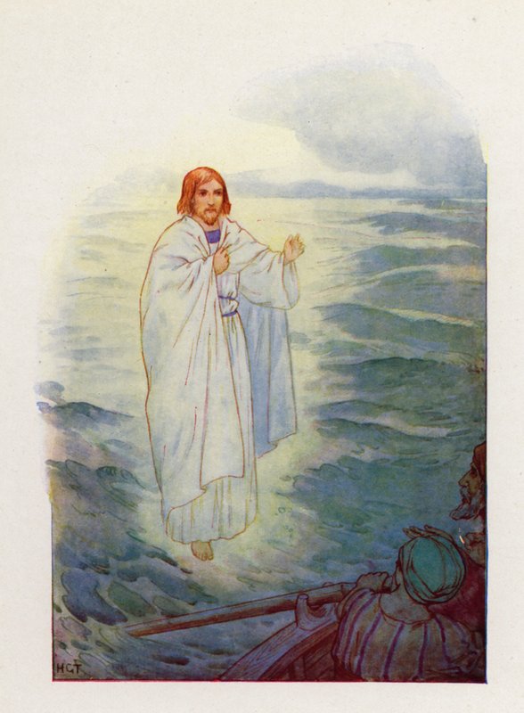 Walking on the tossing sea, the fishermen saw the figure of Jesus by Harry George Theaker